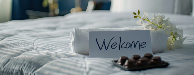 A welcome note with a flower and chocolates waits on a hotel bed to give guests a special welcome