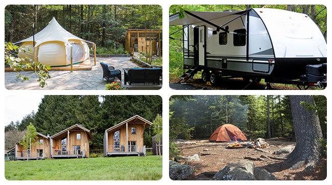 Photo compilation showing tents, yurts, cabins and RVs