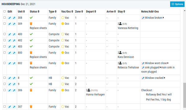 Screenshot of WebRezPro Housekeeping Report in Table Format