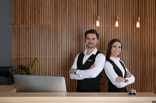 Happy front desk staff ready to help guests.