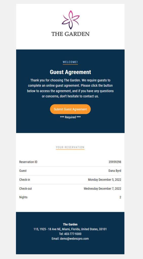 Screenshot of guest agreement email