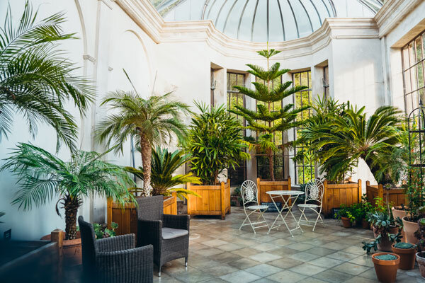 An indoor hotel conservatory garden creates a calming place for guests to sit and relax.