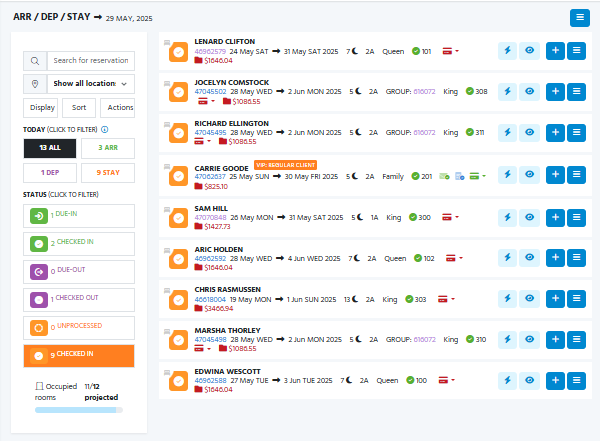 Screenshot of WebRezPro's Arrivals, Departures, Stayovers report v11