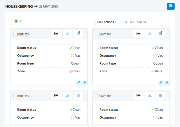 Screenshot of WebRezPro housekeeping report in mobile-friendly tile format v11