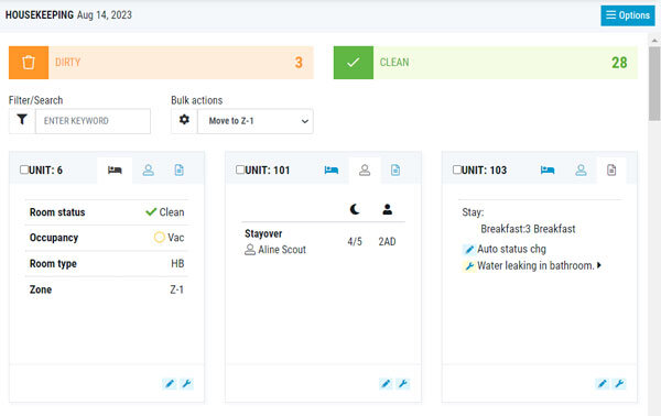 Screenshot of WebRezPro's housekeeping report in tile format for mobile devices.