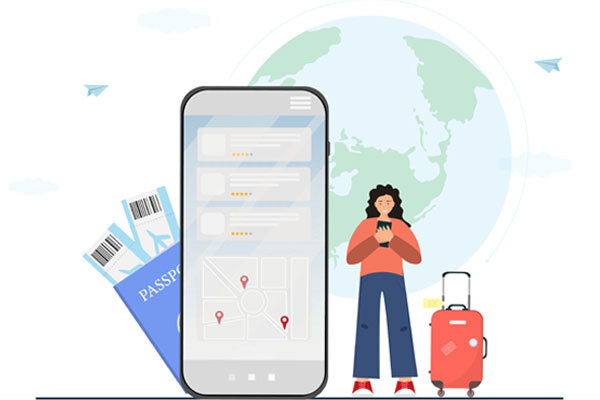 Illustration of a woman searching for a location on her mobile while traveling.
