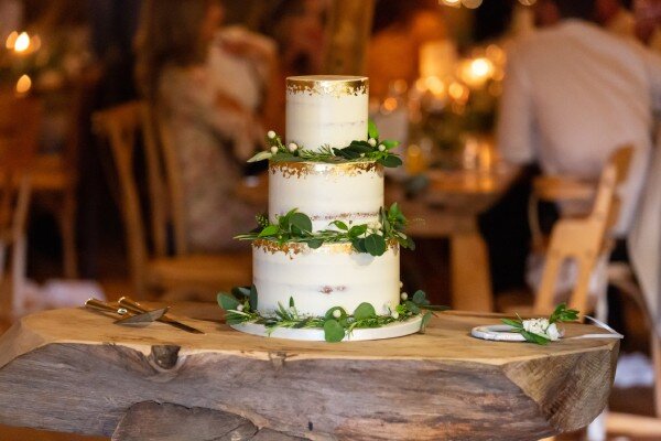 A beautiful wedding cake awaits the first cut.
