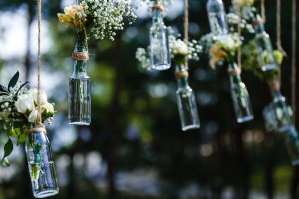 Rustic wedding decorations set the atmosphere.