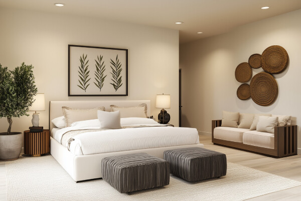 A timeless hotel room design featuring neutral colors and nature-inspired furnishings.