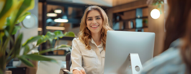 A smiling front desk clerk checks a guest in
