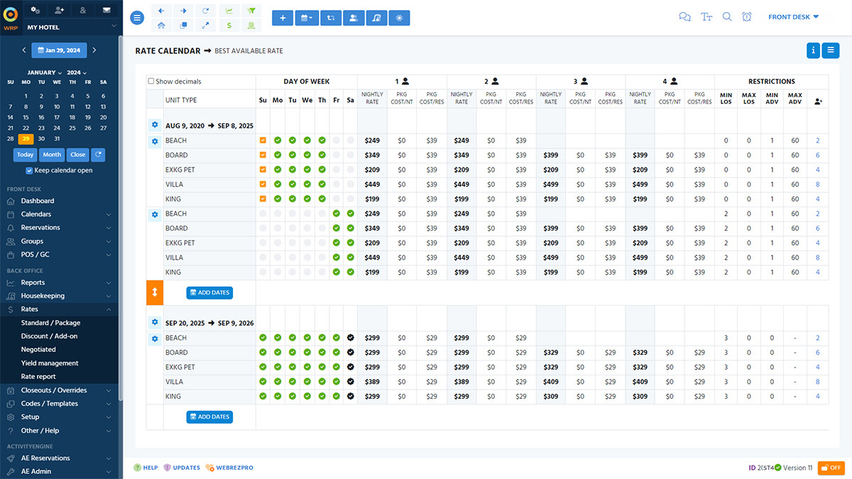 Rate Calendar: Update rates and set stay restrictions