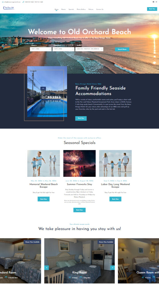 The Beau Rivage Motel website homepage design reflects the property's beach vibe