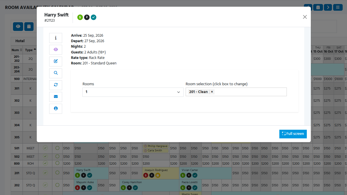 Screenshot showing a reservation pop-up on the WebRezPro tape chart