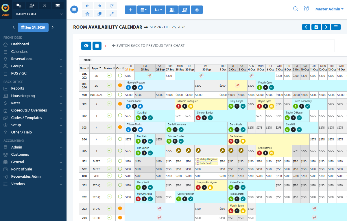 Screenshot of the WebRezPro interactive tape chart